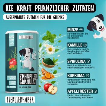 Nahaufnahme des kaltgepressten Zahnpflege-Granulats auf Süßkartoffelbasis
