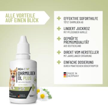 Preview: Vorteile von REAVET Milbenöl für Hunde gegen Ohrenkratzen Kopfschütteln und dunkle Beläge
