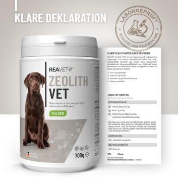 ReaVET Zeolith VET für Hunde, Katzen & Pferde – 700g – Natürliche Entgiftung & Darmreinigung – 100% Klinoptilolith Pulver