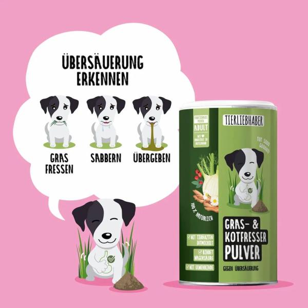Tierliebhaber Gras- & Kotfresser Pulver für Hunde – Natürliche Hilfe bei Sodbrennen, Grasfressen & Verdauungsproblemen | 200g
