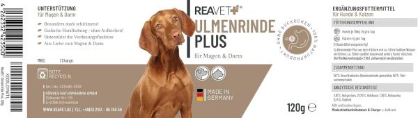 Vorteile der ReaVET Ulmenrinde Plus auf einen Blick: Sanfte Verdauungshilfe,  Etikett