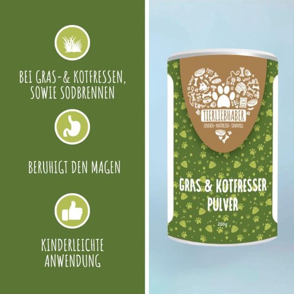 Tierliebhaber Gras- & Kotfresser Pulver für Hunde – Natürliche Hilfe bei Sodbrennen, Grasfressen & Verdauungsproblemen | 200g