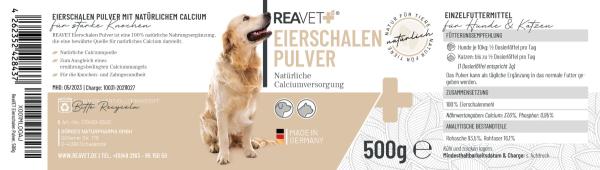 Reavet Eierschalenpulver 500g Natürliche Kraft für Knochen und Zähne: Eierschalenpulver für Hunde und Katzen