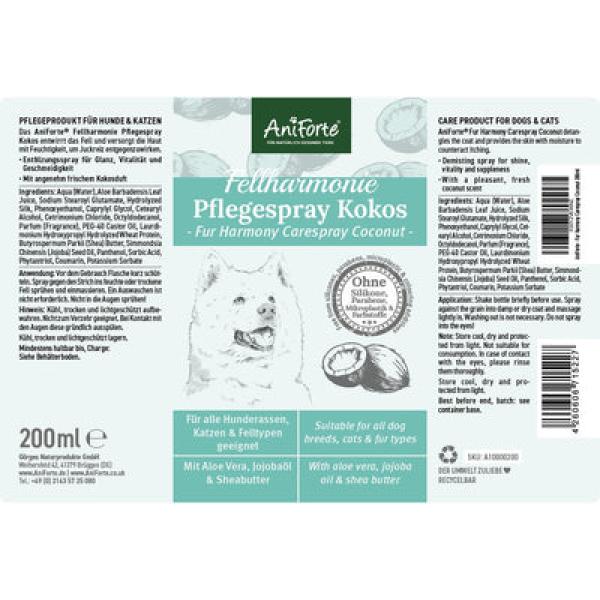 Aniforte Fellharmonie Pflegespray Kokos 200ml für Hunde und Katzen