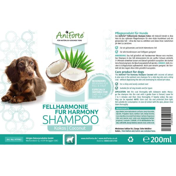 Aniforte Fellharmonie Shampoo Kokos 200ml für Hunde