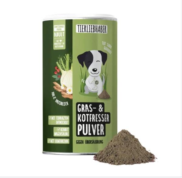 Tierliebhaber Gras- & Kotfresser Pulver für Hunde – Natürliche Hilfe bei Sodbrennen, Grasfressen & Verdauungsproblemen | 200g