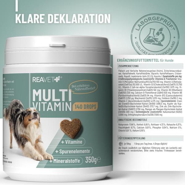 Die Vorteile der ReaVET Multivitamin Drops für Haut, Fell und Vitalität auf einen Blick.