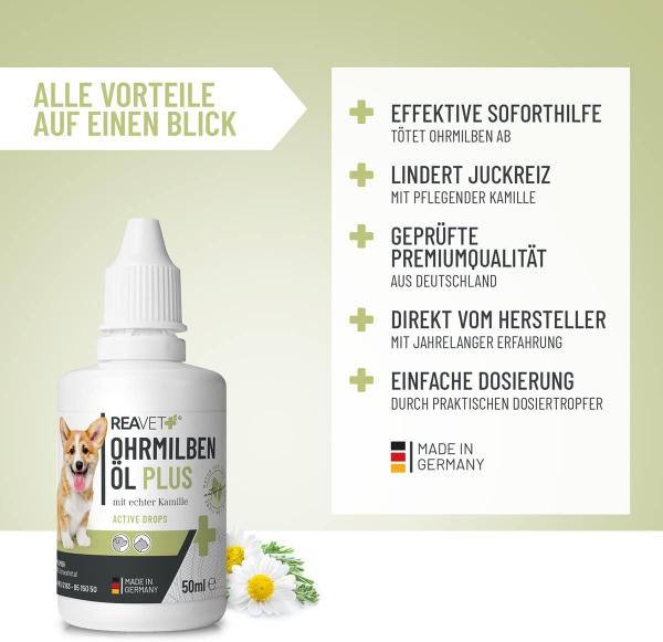 Vorteile von REAVET Milbenöl für Hunde gegen Ohrenkratzen Kopfschütteln und dunkle Beläge